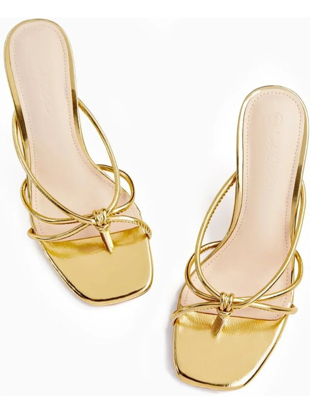 Women’s Gold Faux Leather Square Open Toe Flip Flops Strappy Thong Mule Sandals